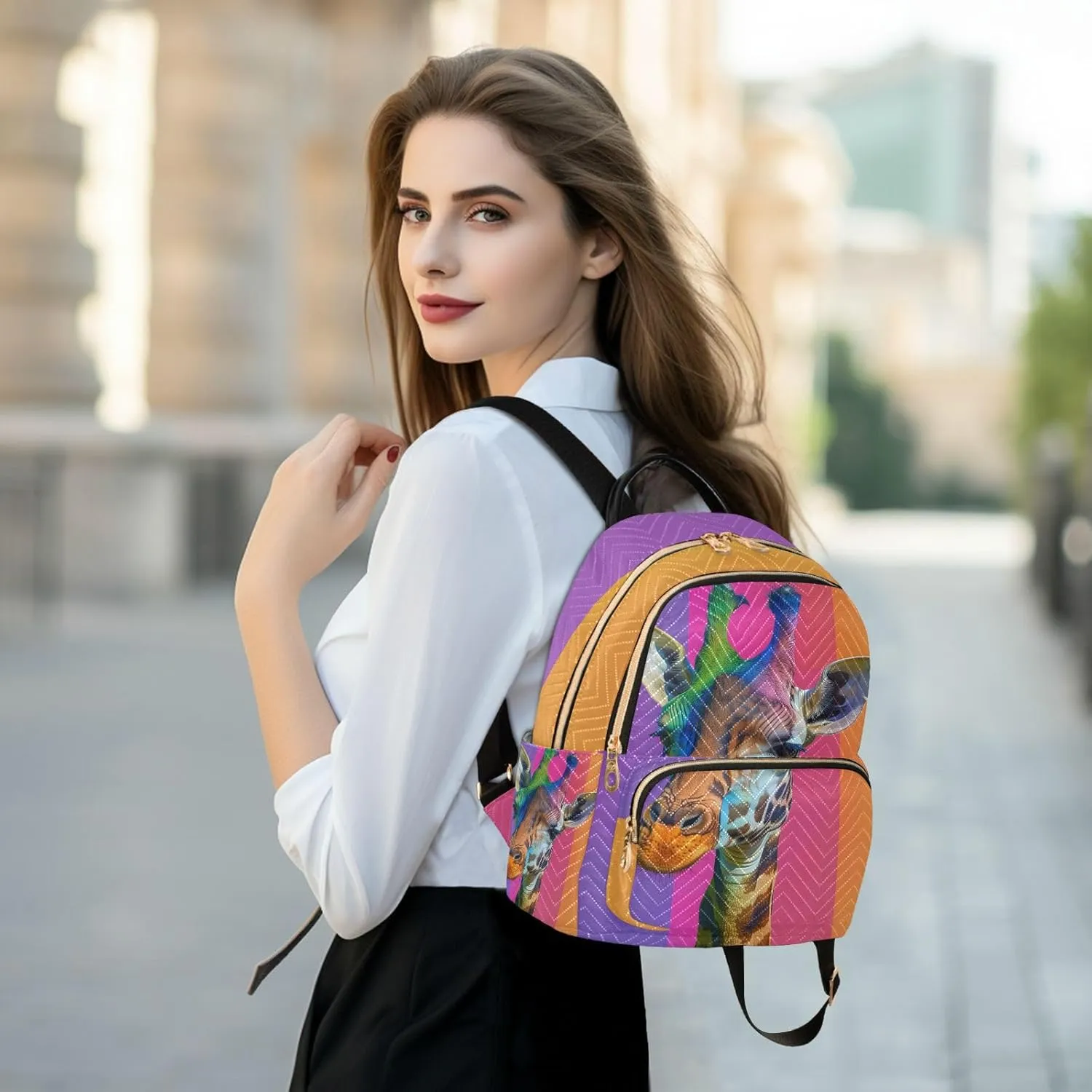 ALAZA Colorful Giraffe Small Backpack Purse for Women Travel Bag Lightweight Shoulder Bag Fashion Daypack
