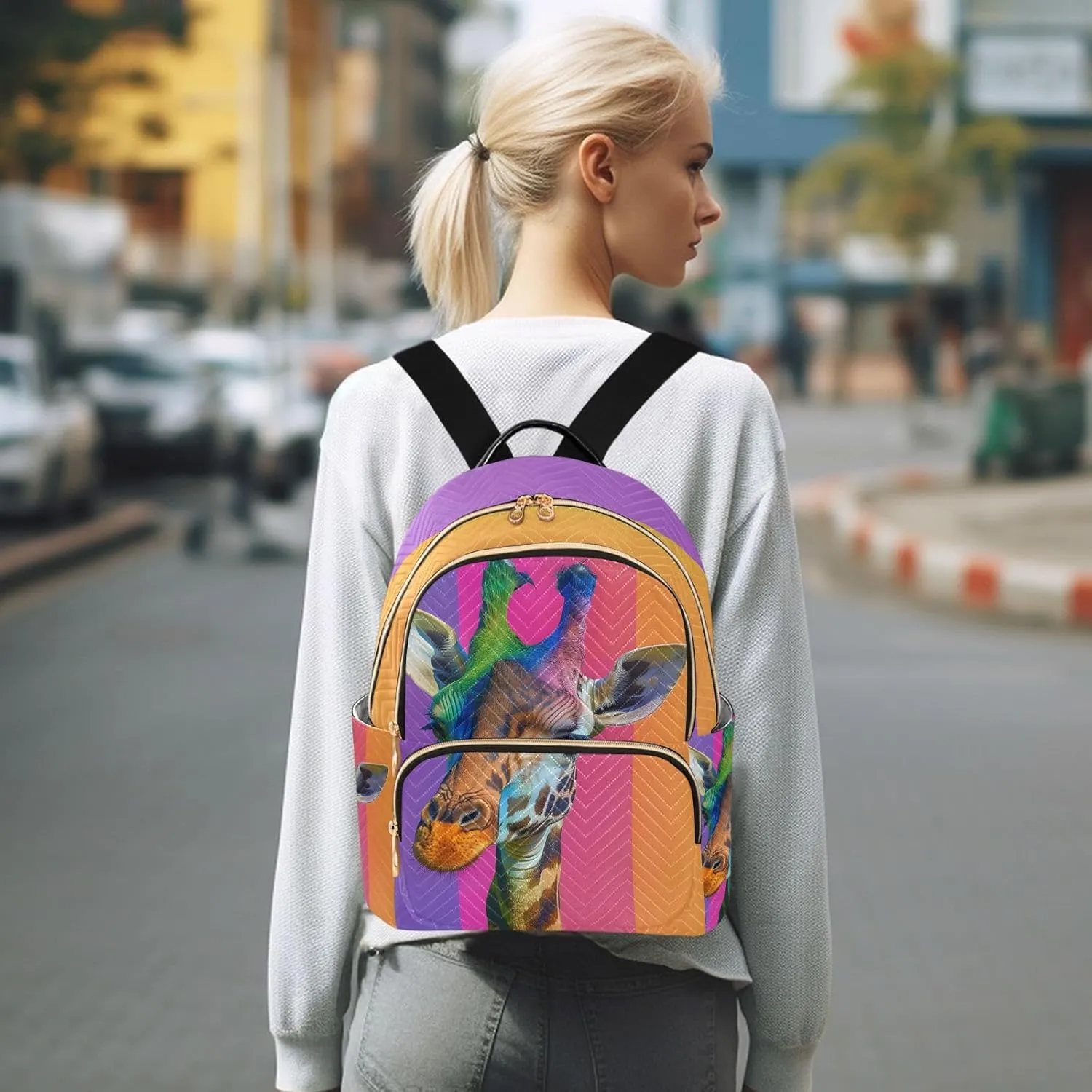 ALAZA Colorful Giraffe Small Backpack Purse for Women Travel Bag Lightweight Shoulder Bag Fashion Daypack