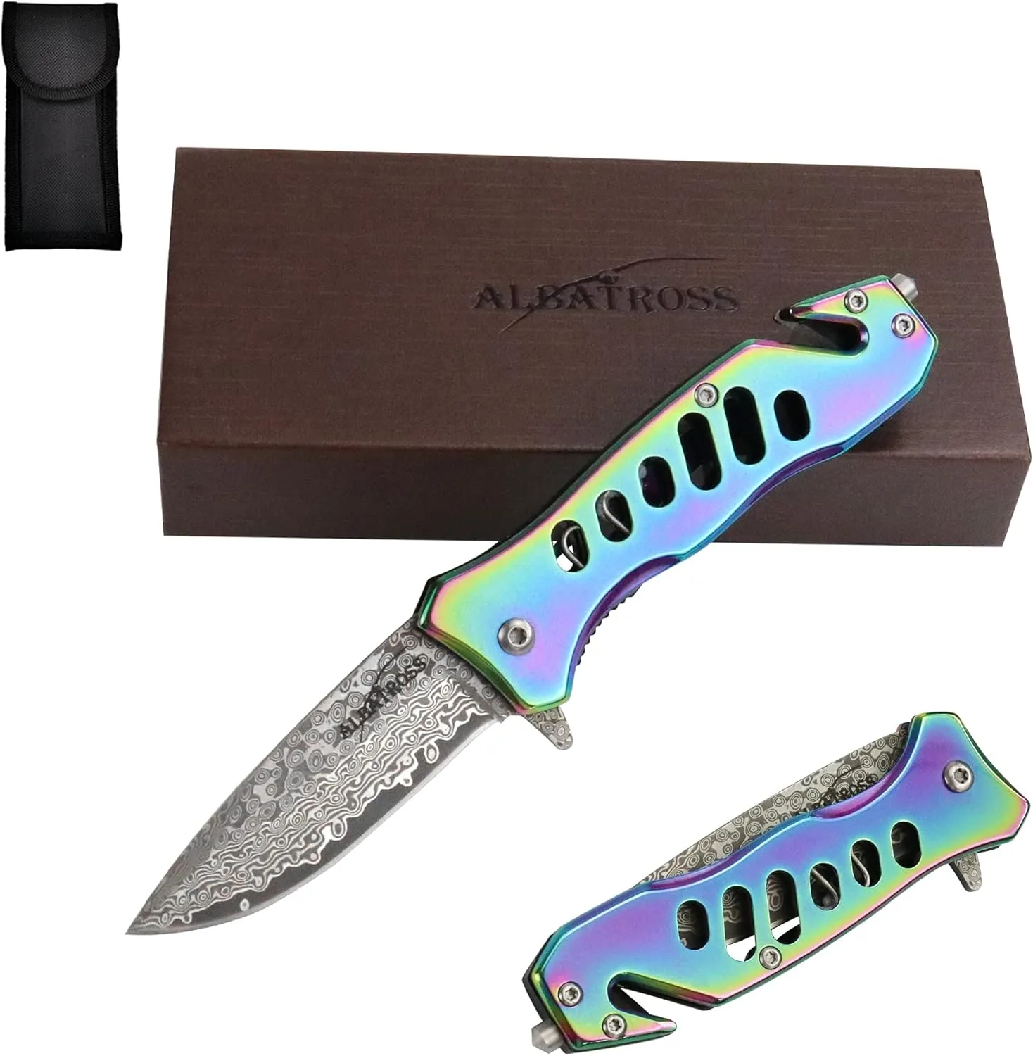 ALBATROSS EDC Cool Tactical Folding Pocket Knife with Modern Damascus Steel Blade, SpeedSafe Spring Assisted Opening Knifes with Liner Lock,Pocketclip,Glass Breaker,Seatbelt Cutter, Gifts Box (Multi)