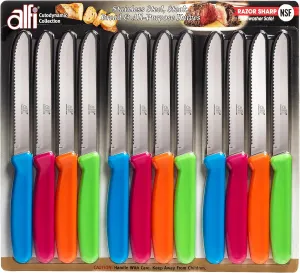 Alfi All-Purpose Knives Aerospace Precision Rounded Tip - Home And Kitchen Supplies - Serrated Steak Knives Set | Made in USA (Multi-Color, 12 Pack)