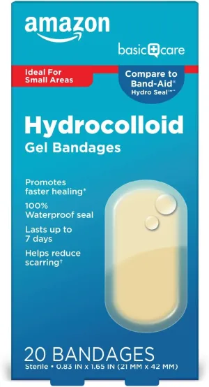 Amazon Basic Care Advanced Fast Healing Hydrocolloid Gel Bandages, 0.83 x 1.65 inches Adhesive Pads (20 Count)