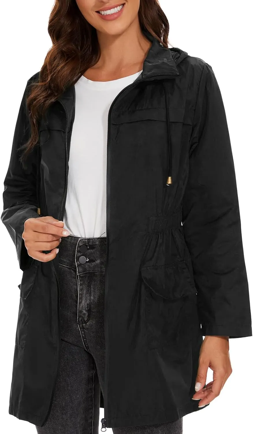 American Trends Rain Jacket Women Waterproof with Hood Windbreaker Jacket Travel Rain Coat Packable Lightweight Long Raincoat
