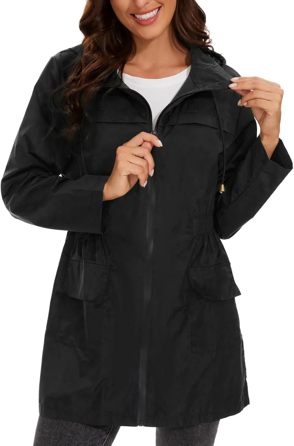 American Trends Rain Jacket Women Waterproof with Hood Windbreaker Jacket Travel Rain Coat Packable Lightweight Long Raincoat