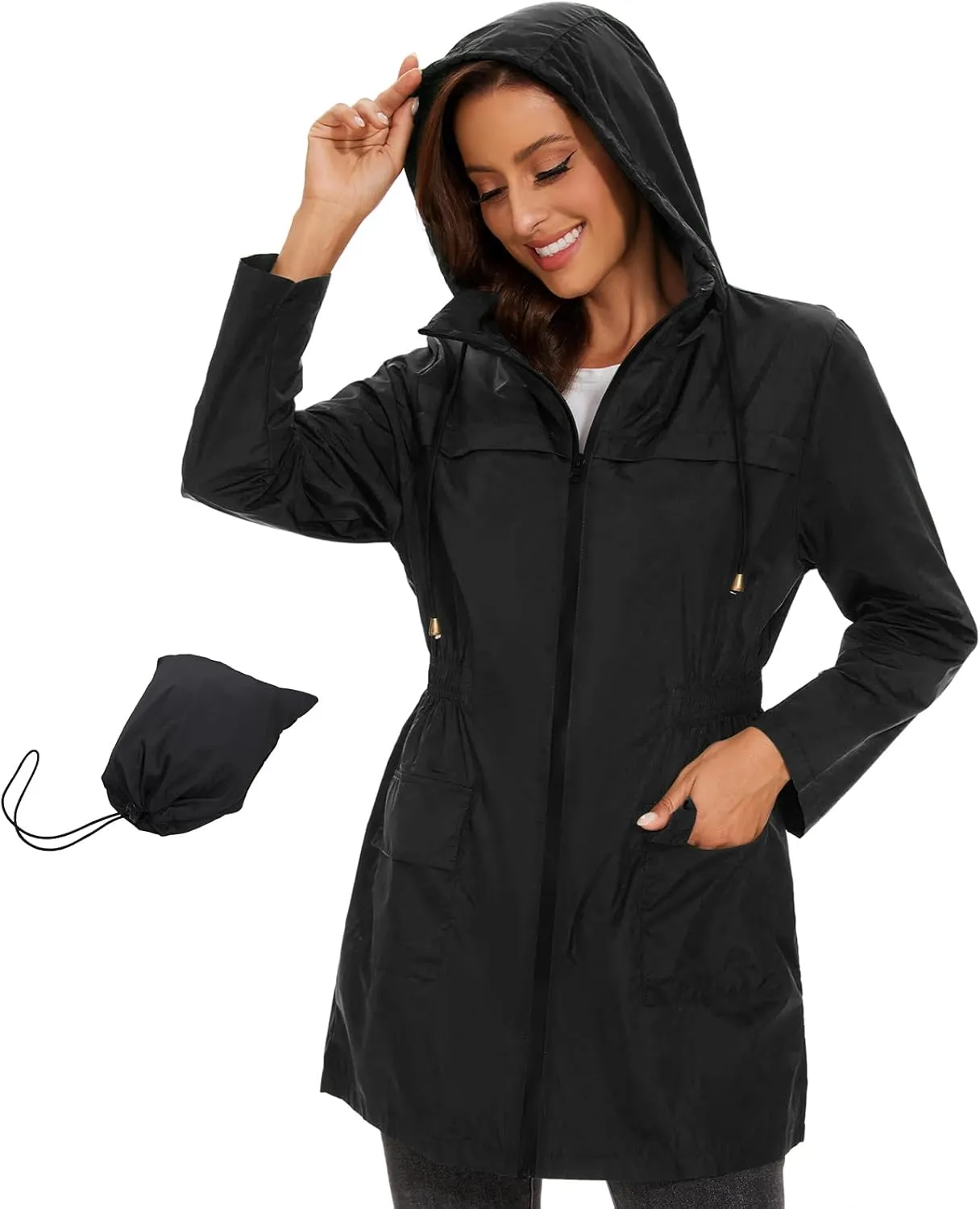 American Trends Rain Jacket Women Waterproof with Hood Windbreaker Jacket Travel Rain Coat Packable Lightweight Long Raincoat
