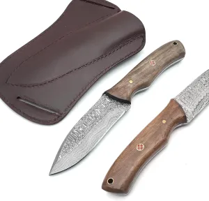 ANCILLA Handmade Damascus Hunting Knife with Walnut Handle, 8 inch Blade, Brown/Silver