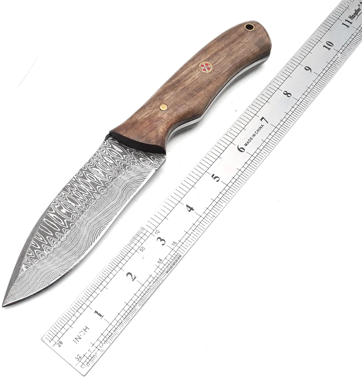 ANCILLA Handmade Damascus Hunting Knife with Walnut Handle, 8 inch Blade, Brown/Silver