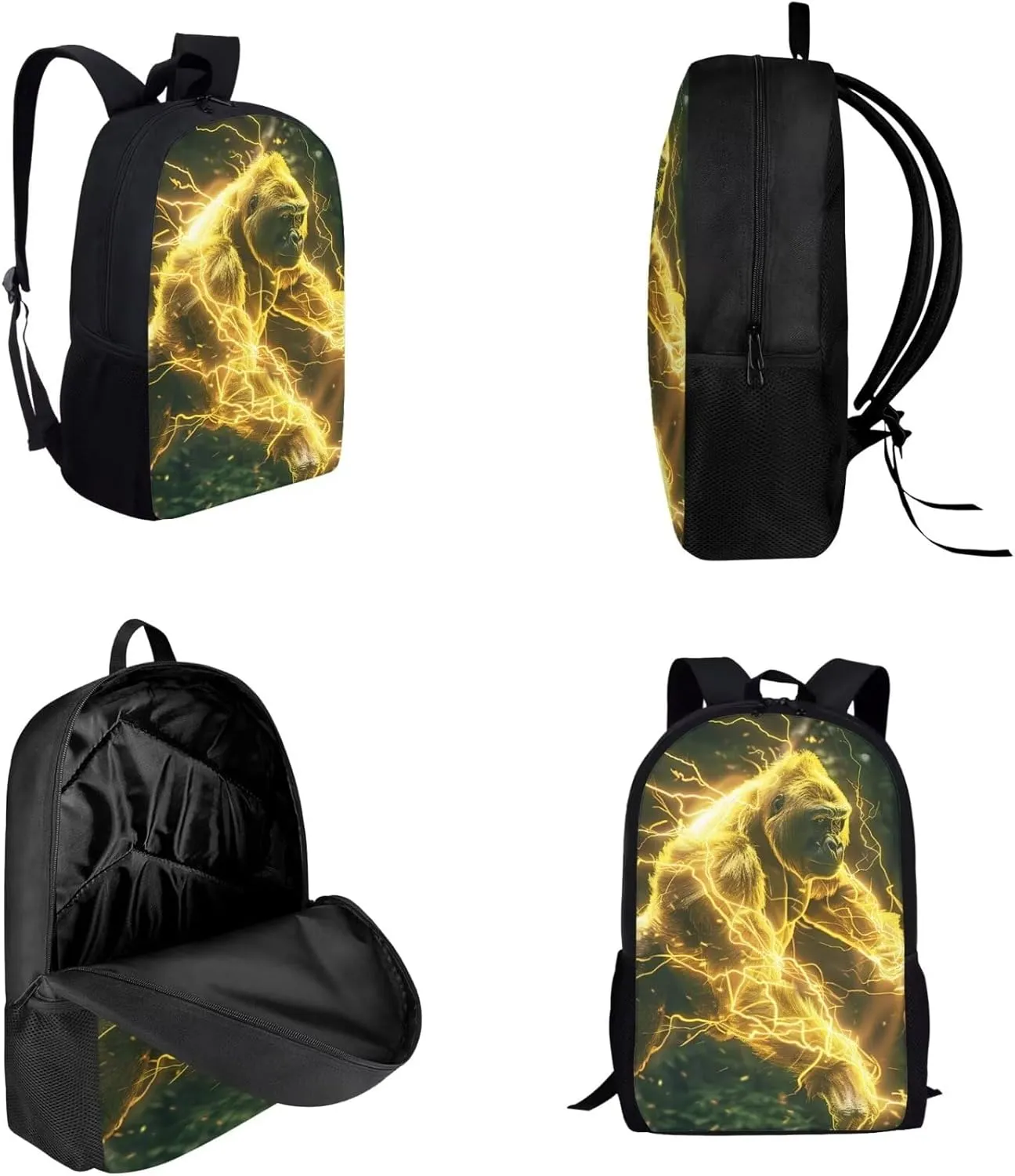 Animal Print Backpack with Lunch Box Pencil Case Cool Gorilla Backpack for Boys Girls Large Capacity Lightweight Yellow 17 Inch School Bag Set for Kids