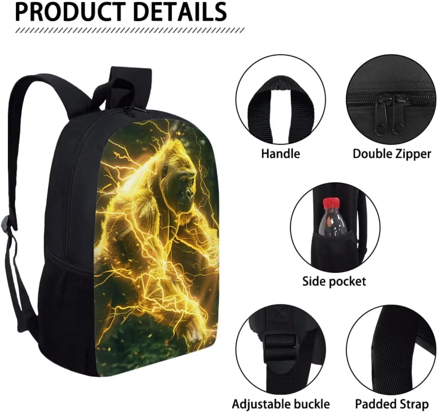 Animal Print Backpack with Lunch Box Pencil Case Cool Gorilla Backpack for Boys Girls Large Capacity Lightweight Yellow 17 Inch School Bag Set for Kids