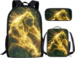 Animal Print Backpack with Lunch Box Pencil Case Cool Gorilla Backpack for Boys Girls Large Capacity Lightweight Yellow 17 Inch School Bag Set for Kids