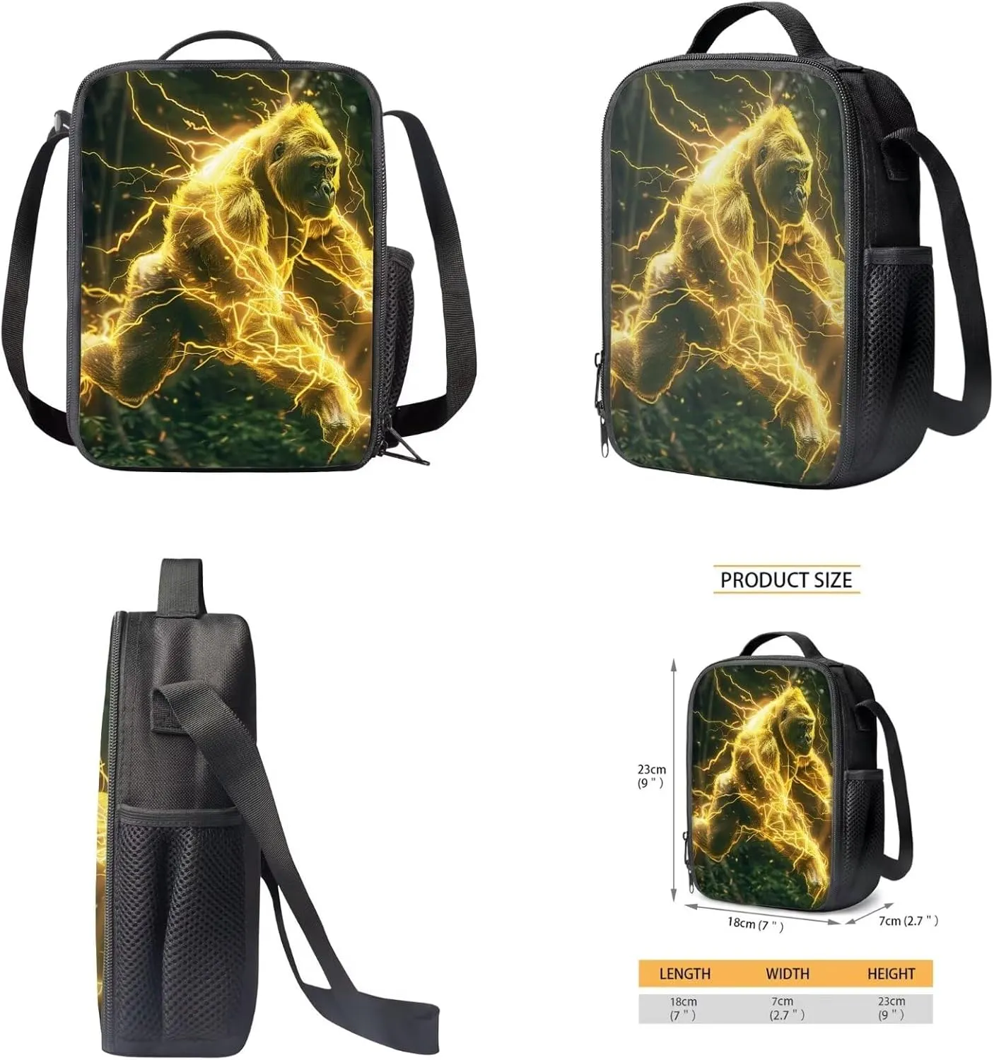 Animal Print Backpack with Lunch Box Pencil Case Cool Gorilla Backpack for Boys Girls Large Capacity Lightweight Yellow 17 Inch School Bag Set for Kids