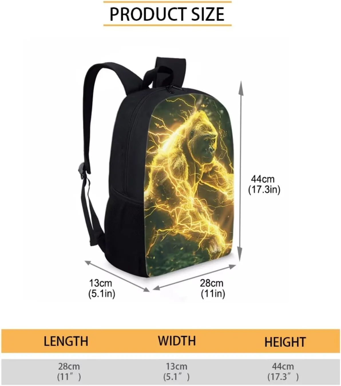 Animal Print Backpack with Lunch Box Pencil Case Cool Gorilla Backpack for Boys Girls Large Capacity Lightweight Yellow 17 Inch School Bag Set for Kids