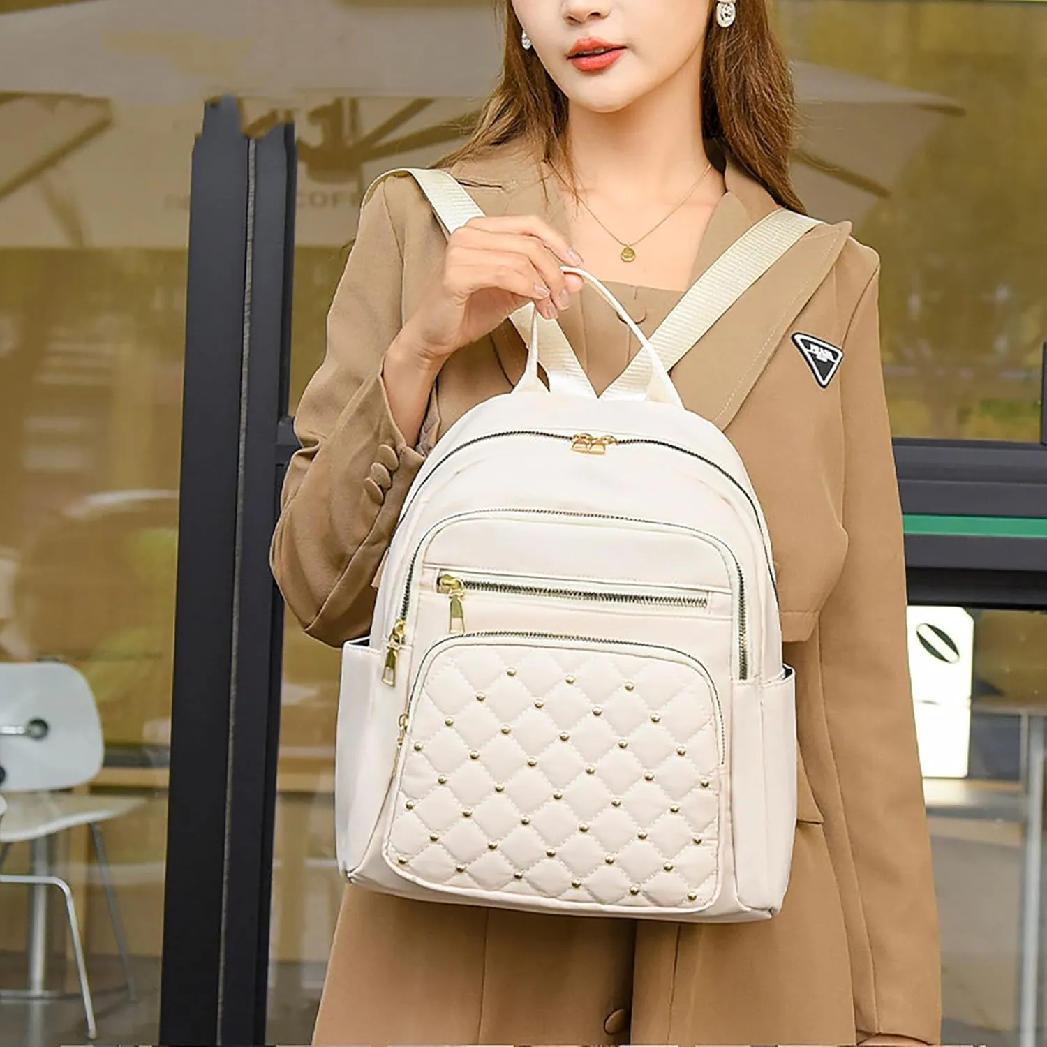 Anti-Theft Oxford College Backpack Lightweight Travel Daypack for Women Work Commute Outdoor Hiking Essentials (White)