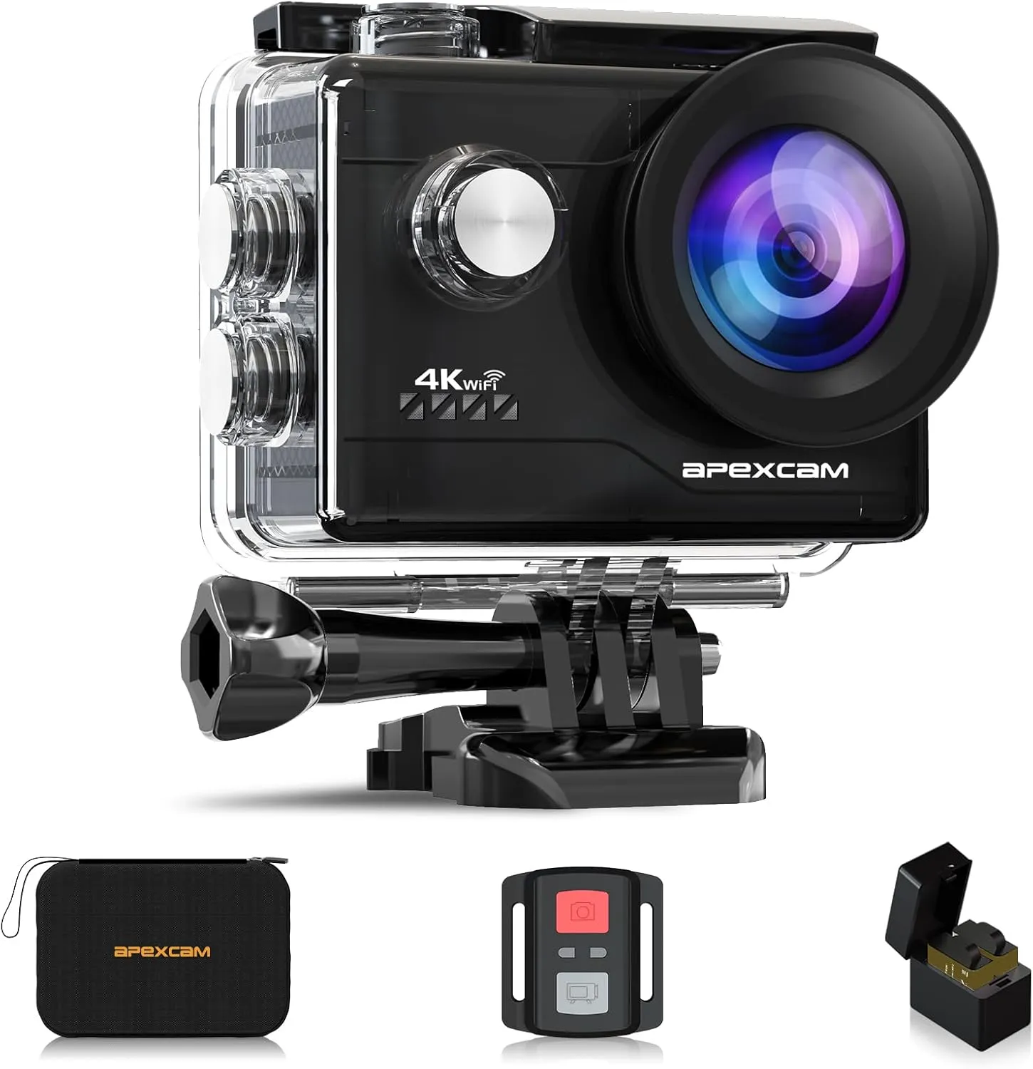 Apexcam Action Camera 4K Sports Cameras 20MP 40M 170°Wide-Angle WiFi Waterproof Underwater Camera with 2.4G Remote Control 2 Batteries 2.0'' LCD Ultra HD Camera with Mounting Accessories Kit