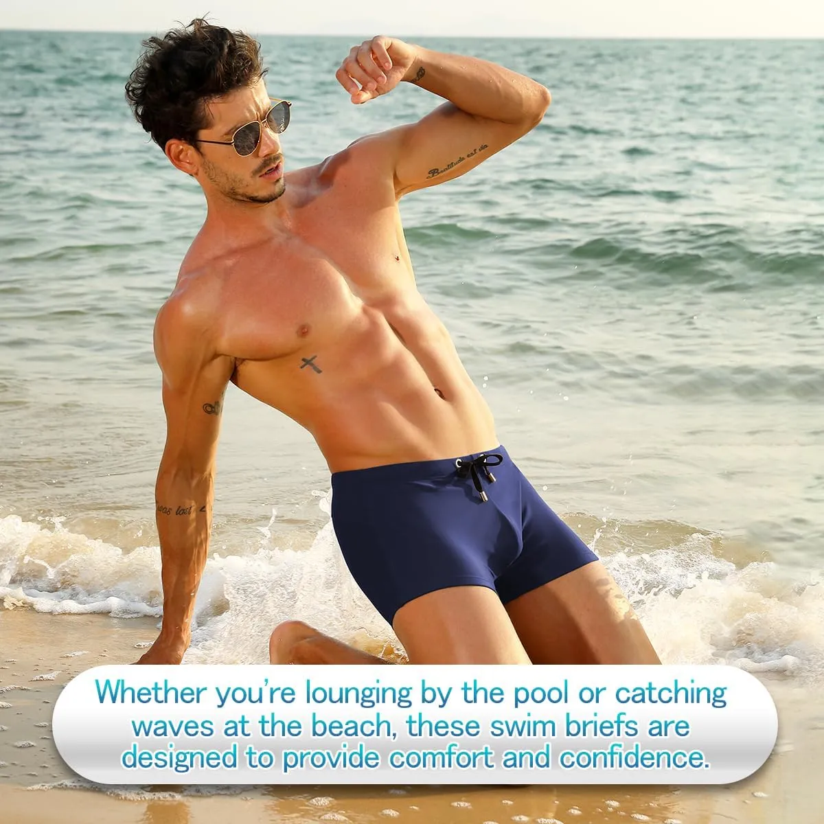 Arjen Kroos Men's Classic Solid Square Cut Swimwear Sexy Tight Swimming Trunks Tan Through Bikini Swim Briefs