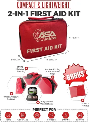 ASA Techmed 2-in-1 First Aid Kit (120 Piece)   Bonus 32-Piece Mini First Aid Kit: Compact, Lightweight for Emergencies at Home, Outdoors, Car, Camping, Workplace, Hiking & Survival