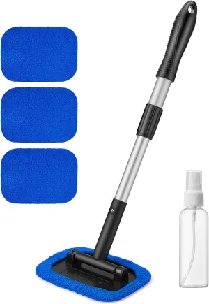 AstroAI Windshield Cleaner, Microfiber car Window Cleaner with 4 Reusable and Washable Microfiber Pads and Extendable Handle Auto Inside Glass Wiper Kit Blue