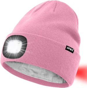 ATNKE LED Lighted Beanie Hat,USB Rechargeable 8 LED Red Glow Flashing Run Headlamp Lined Fleece Cap for Men and Women