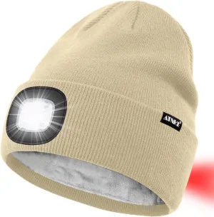 ATNKE LED Lighted Beanie Hat,USB Rechargeable 8 LED Red Glow Flashing Run Headlamp Lined Fleece Cap for Men and Women