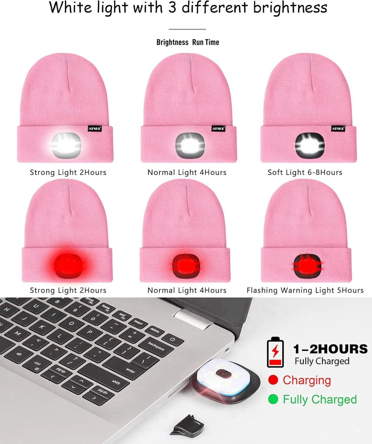 ATNKE LED Lighted Beanie Hat,USB Rechargeable 8 LED Red Glow Flashing Run Headlamp Lined Fleece Cap for Men and Women