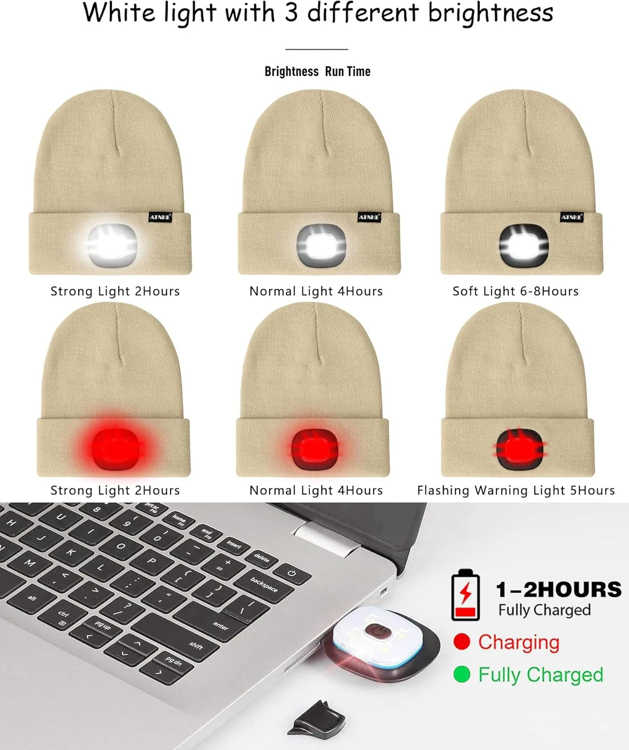 ATNKE LED Lighted Beanie Hat,USB Rechargeable 8 LED Red Glow Flashing Run Headlamp Lined Fleece Cap for Men and Women