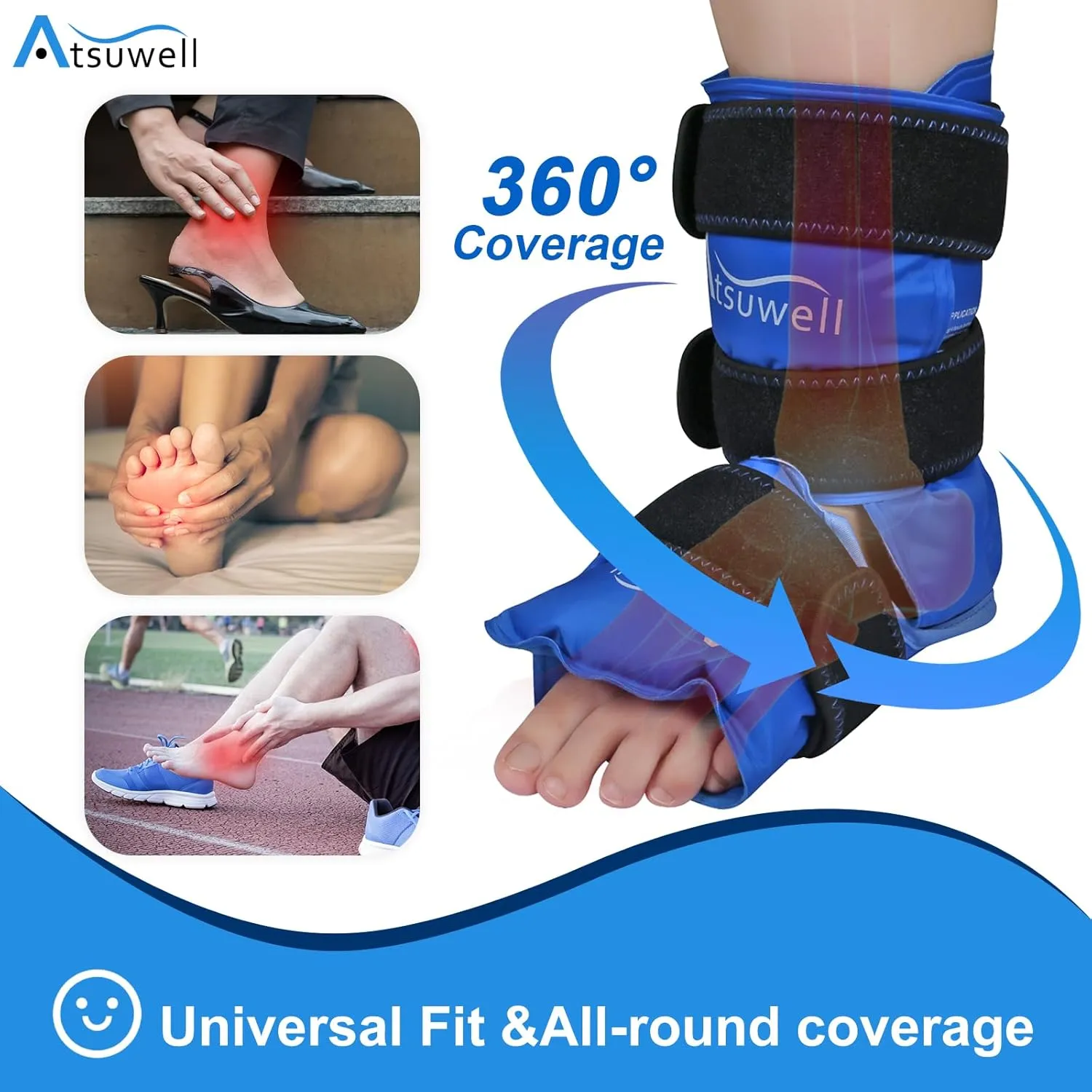 Atsuwell Ankle Ice Pack Wrap, Reusable Ice Pack for Ankle, Large Gel Cold Pack Foot for Cold Compression, Flexible Heel Gel Pack for Men Women, Relaxation
