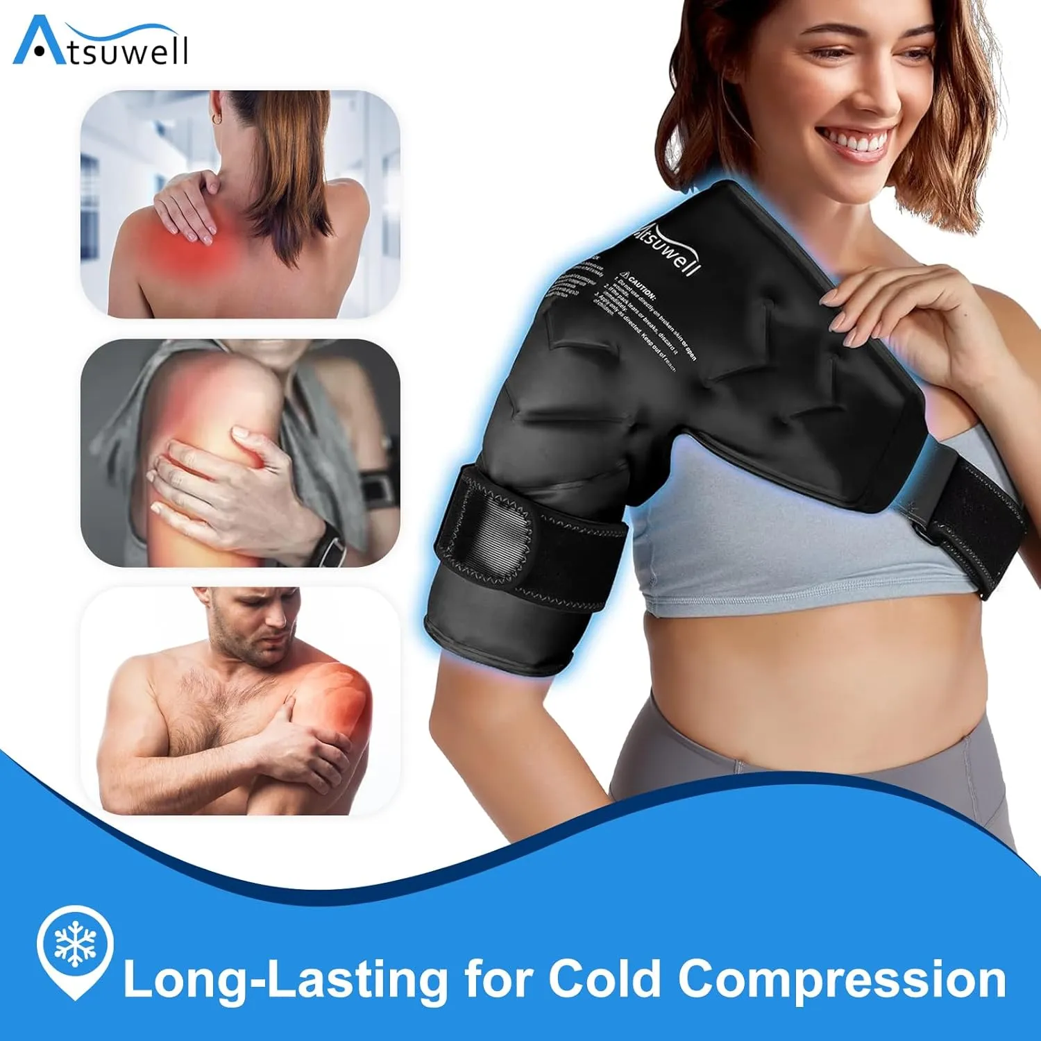 Atsuwell Shoulder Ice Pack Wrap Cold Compression, Reusable Gel Ice Shoulder Wrap, Cold Pack for Shoulder with Adjustable Strap, Flexible Arm Ice Packs for Shoulders, Black