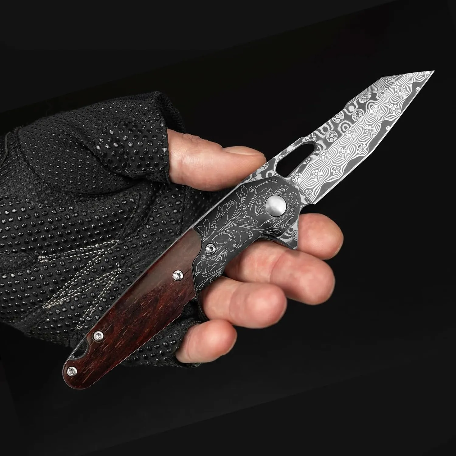 AUBEY Damascus Pocket Knife for Men, Damascus Steel Blade, Folding Knives with Wooden Handle, EDC Damascus Knife for Outdoor Camping Collection Gift