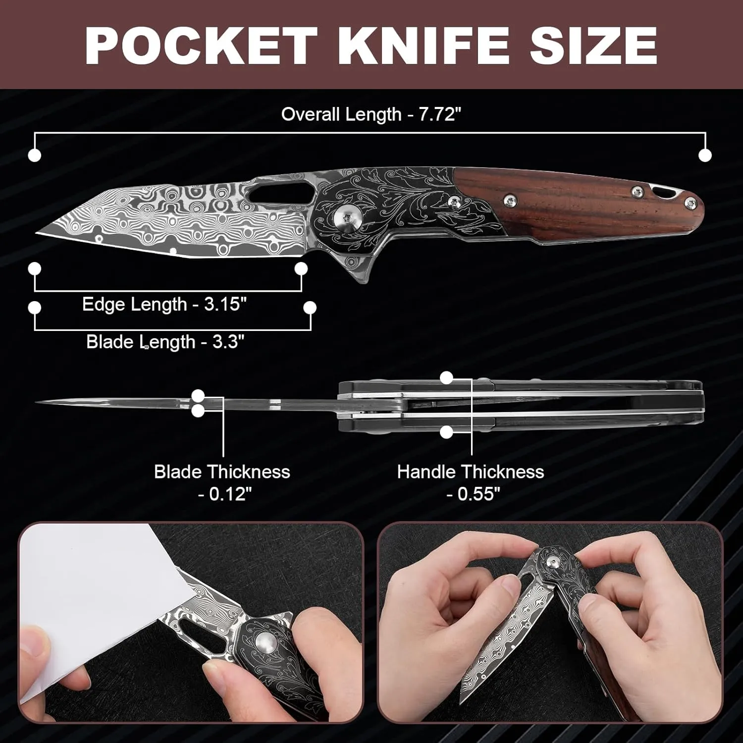 AUBEY Damascus Pocket Knife for Men, Damascus Steel Blade, Folding Knives with Wooden Handle, EDC Damascus Knife for Outdoor Camping Collection Gift