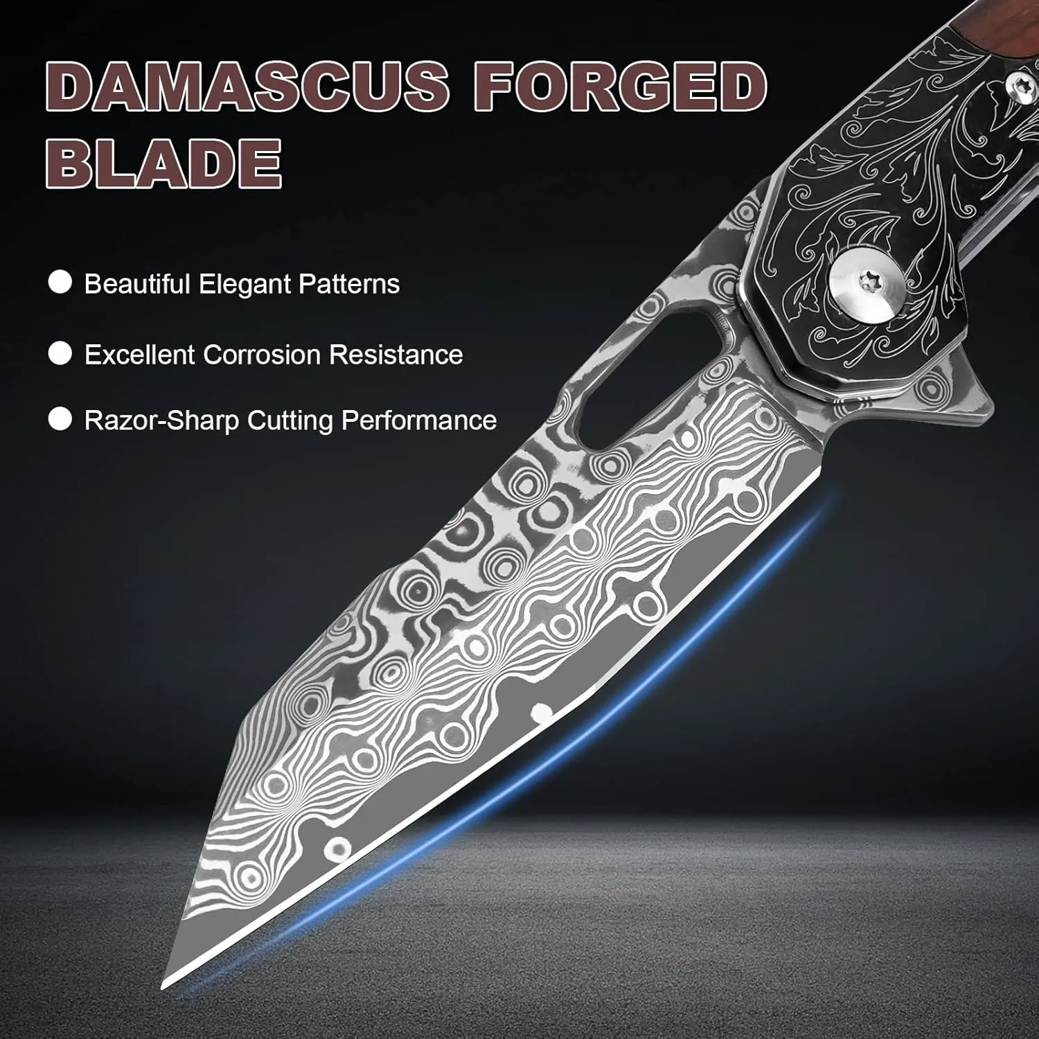 AUBEY Damascus Pocket Knife for Men, Damascus Steel Blade, Folding Knives with Wooden Handle, EDC Damascus Knife for Outdoor Camping Collection Gift