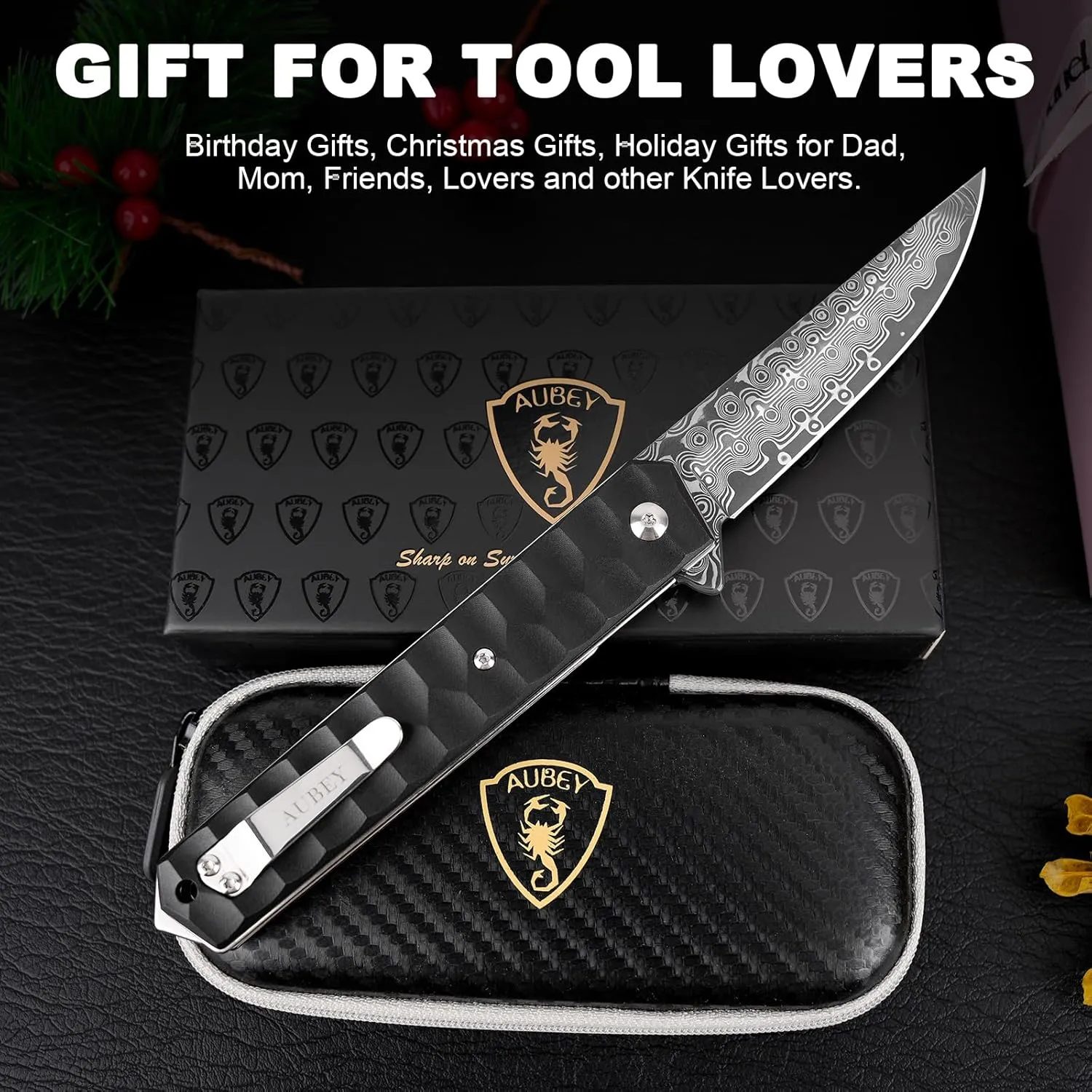AUBEY Damascus Pocket Knife with Clip, Tanto Blade Damascus Steel Folding Knives for Men Tactical, Aluminum Handle with Glass Breaker for EDC Camping
