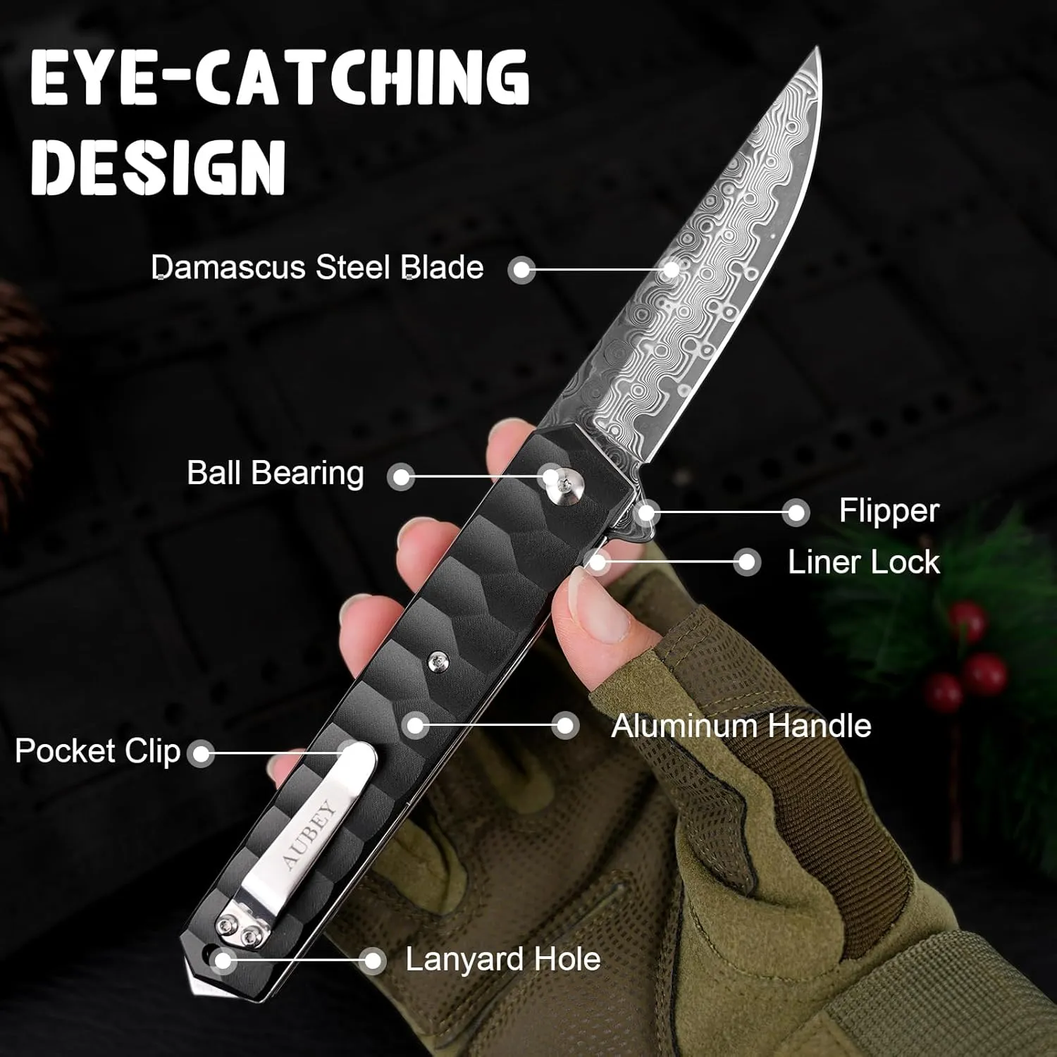 AUBEY Damascus Pocket Knife with Clip, Tanto Blade Damascus Steel Folding Knives for Men Tactical, Aluminum Handle with Glass Breaker for EDC Camping