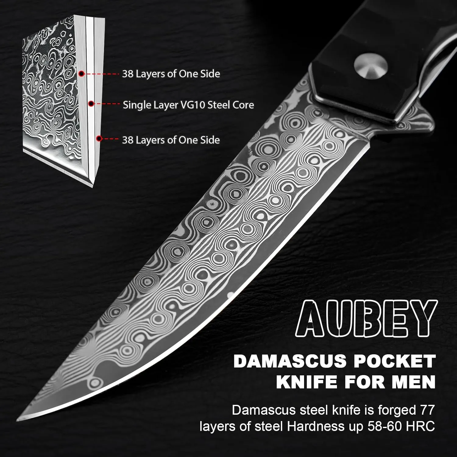AUBEY Damascus Pocket Knife with Clip, Tanto Blade Damascus Steel Folding Knives for Men Tactical, Aluminum Handle with Glass Breaker for EDC Camping