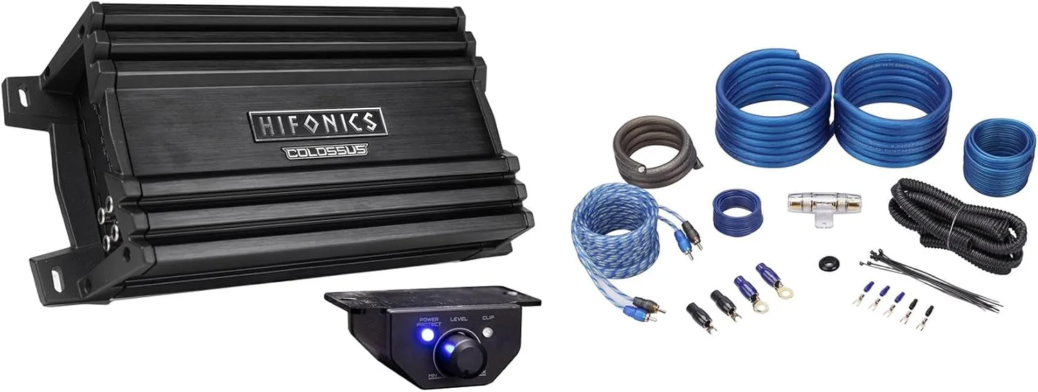 Audiosavings Bundle: Hifonics HCM-1200.1D 1200 Watt Mono Amplifier Mini 1 Ohm Class D Car Stereo Amp Bundle with Rockville RWK41 4 Gauge Complete Car Amp Wiring Installation Wire Kit (2 Items)
