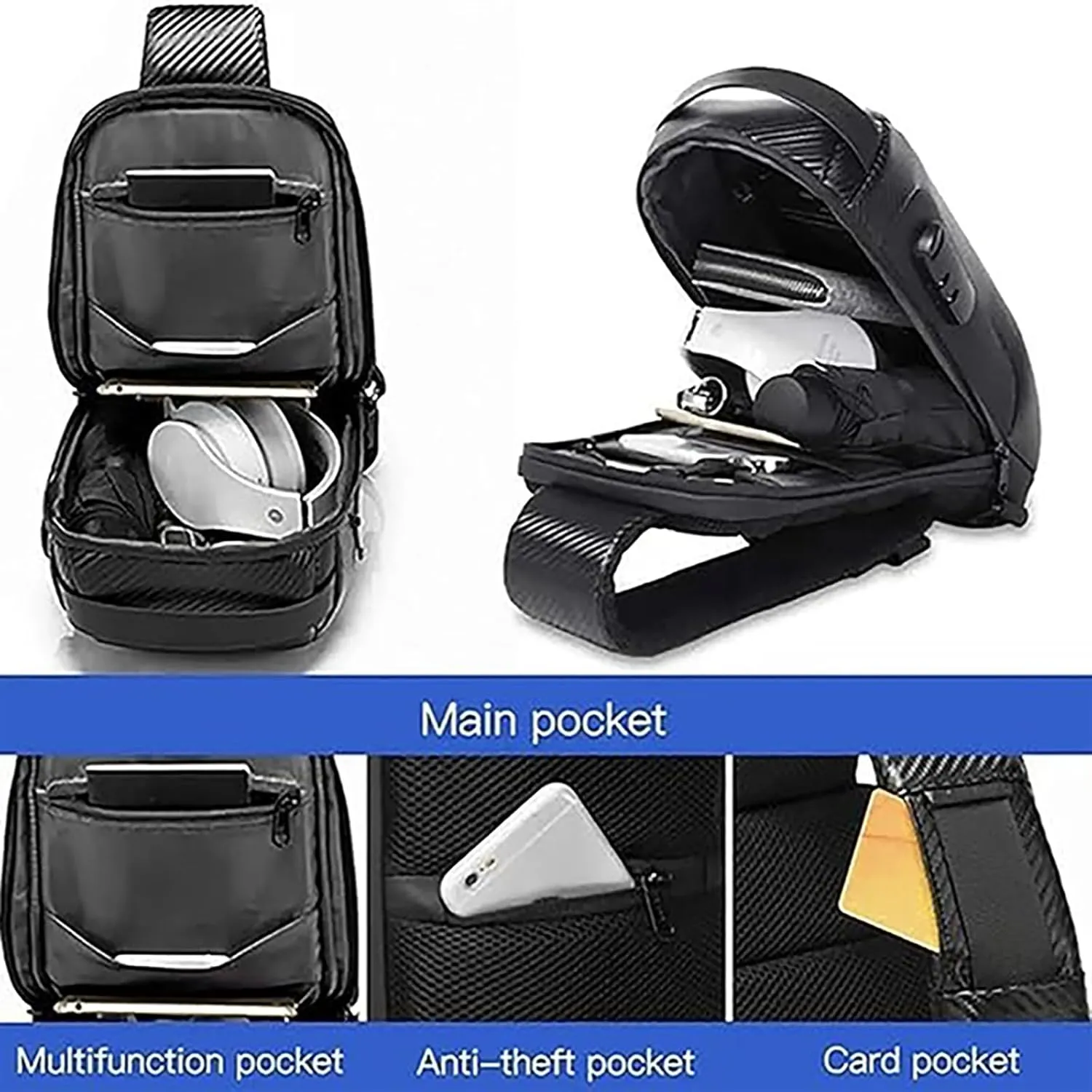 Auricz Bag, Carbon Fiber Streamline Anti-Theft Sling Bag, USB Waterproof Chest Daypack Casual Shoulder Bags Backpack (Gray)