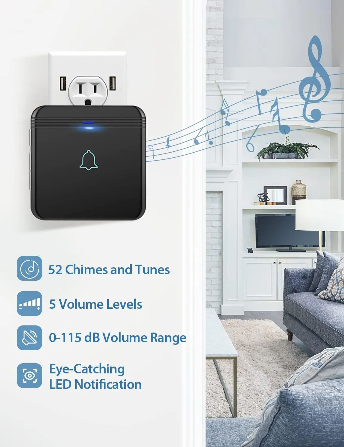 AVANTEK Wireless Doorbell, D-3B Waterproof Door Chime Kit Operating at over 1300 Feet with 2 Plug-In Receivers, 52 Melodies, CD Quality Sound and LED Flash