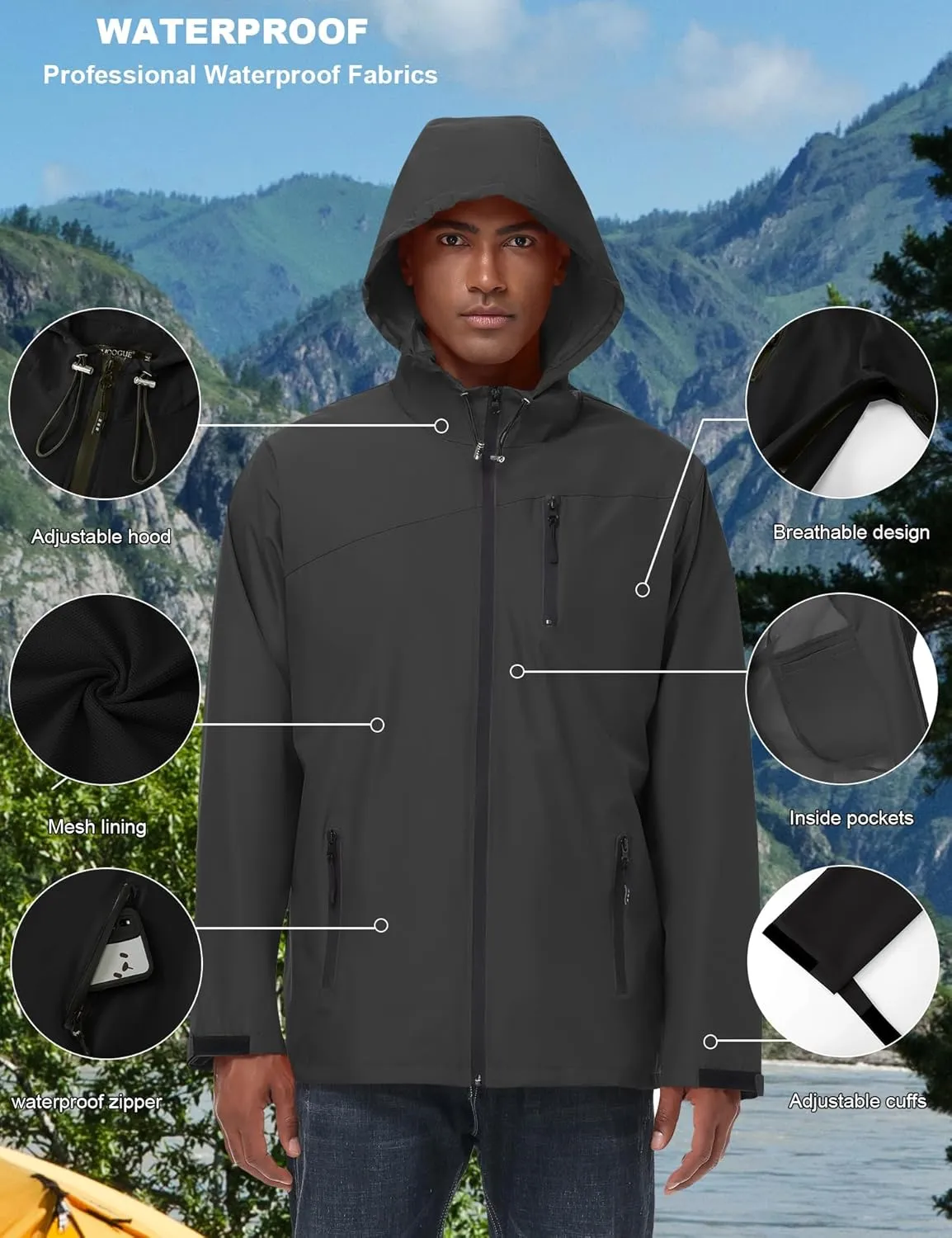 Avoogue Mens Waterproof Lightweight Rain Jacket Breathable Active Outdoor Hooded Raincoat Casual Trendy Jackets Work Jacket