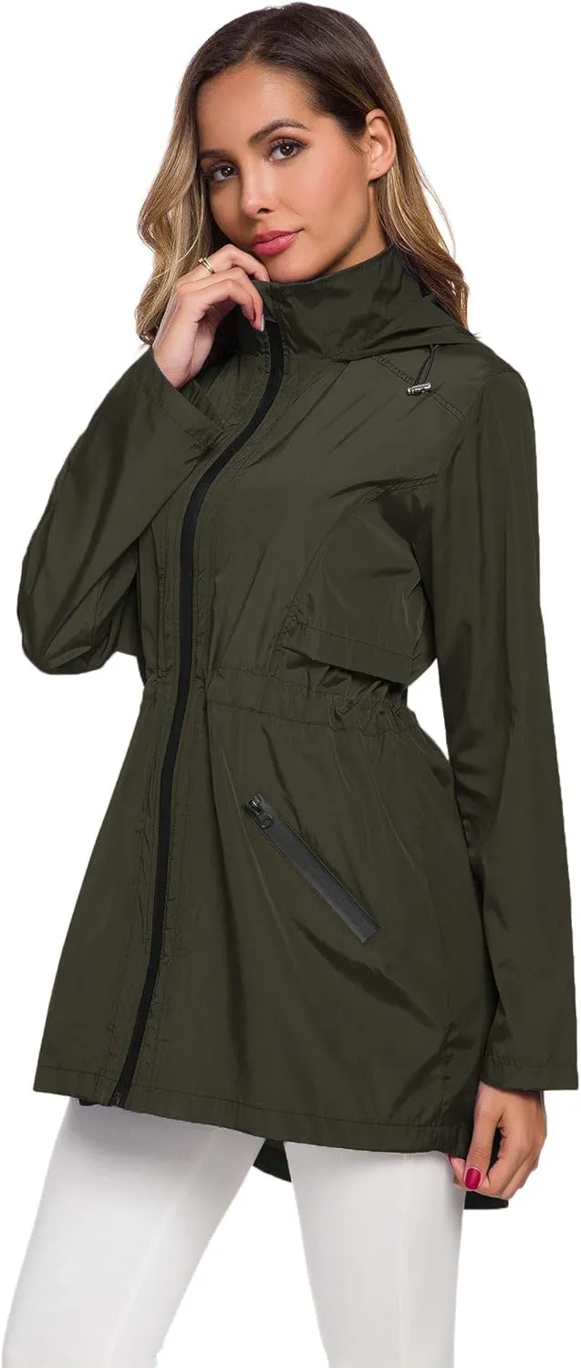 Avoogue Women's Long Raincoat with Hood Outdoor Lightweight Windbreaker Rain Jacket Waterproof
