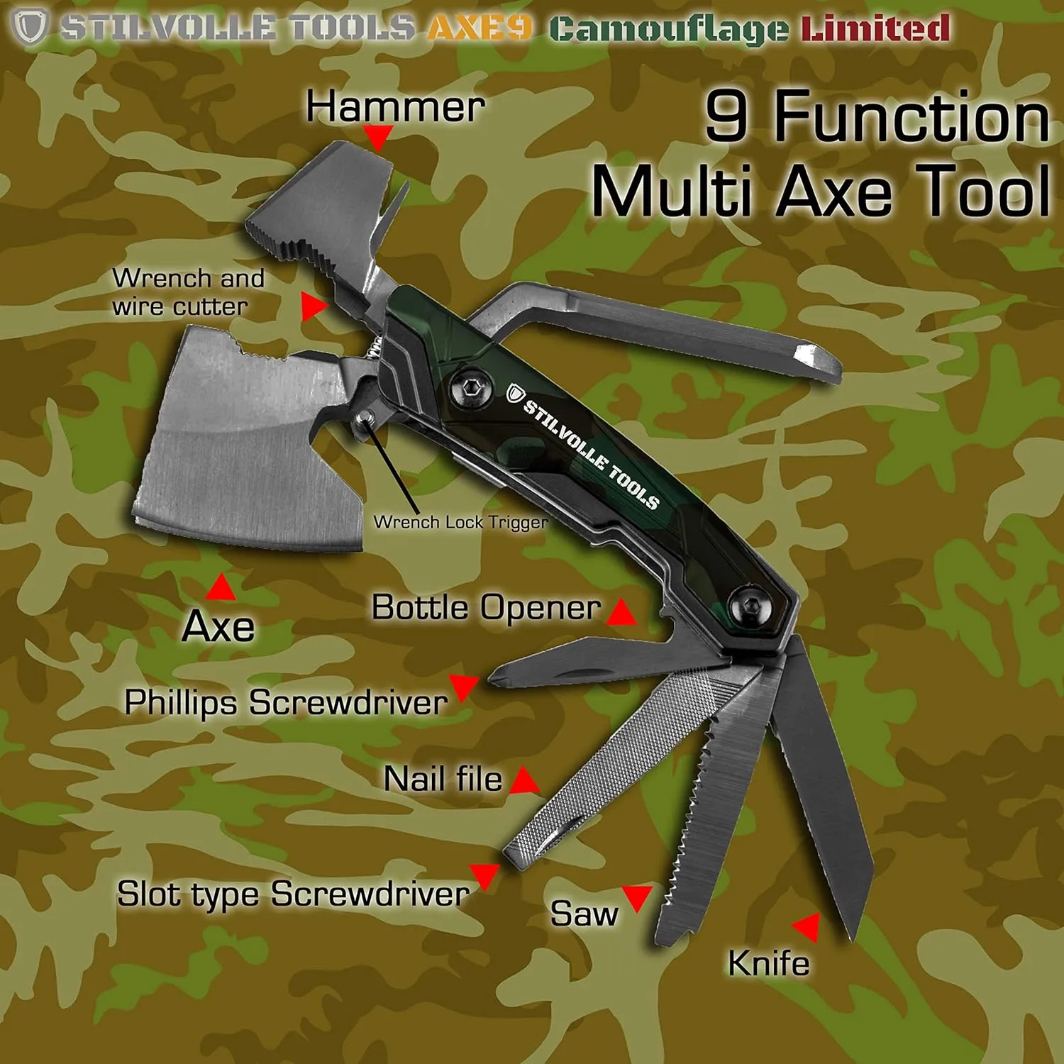 Axe 9 ax with 9-Featured Multi-Tool Hammer, Wrench, Wire Cutter, ax, Bottle Opener, Phillips Screwdriver, Flat-Blade Screwdriver, Nail File, Saw, Knife