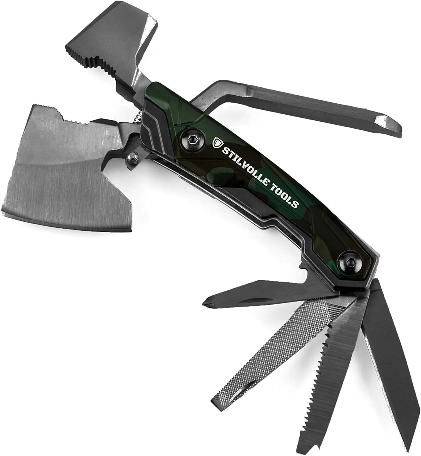 Axe 9 ax with 9-Featured Multi-Tool Hammer, Wrench, Wire Cutter, ax, Bottle Opener, Phillips Screwdriver, Flat-Blade Screwdriver, Nail File, Saw, Knife