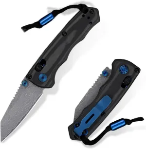Axis Lock Folding Knife with Black Carbon Fiber Handle, 2.4 Inch 290 Damascus Blade Ideal for Camping,Outdoors and Everyday Cutting, father's day pocket knife