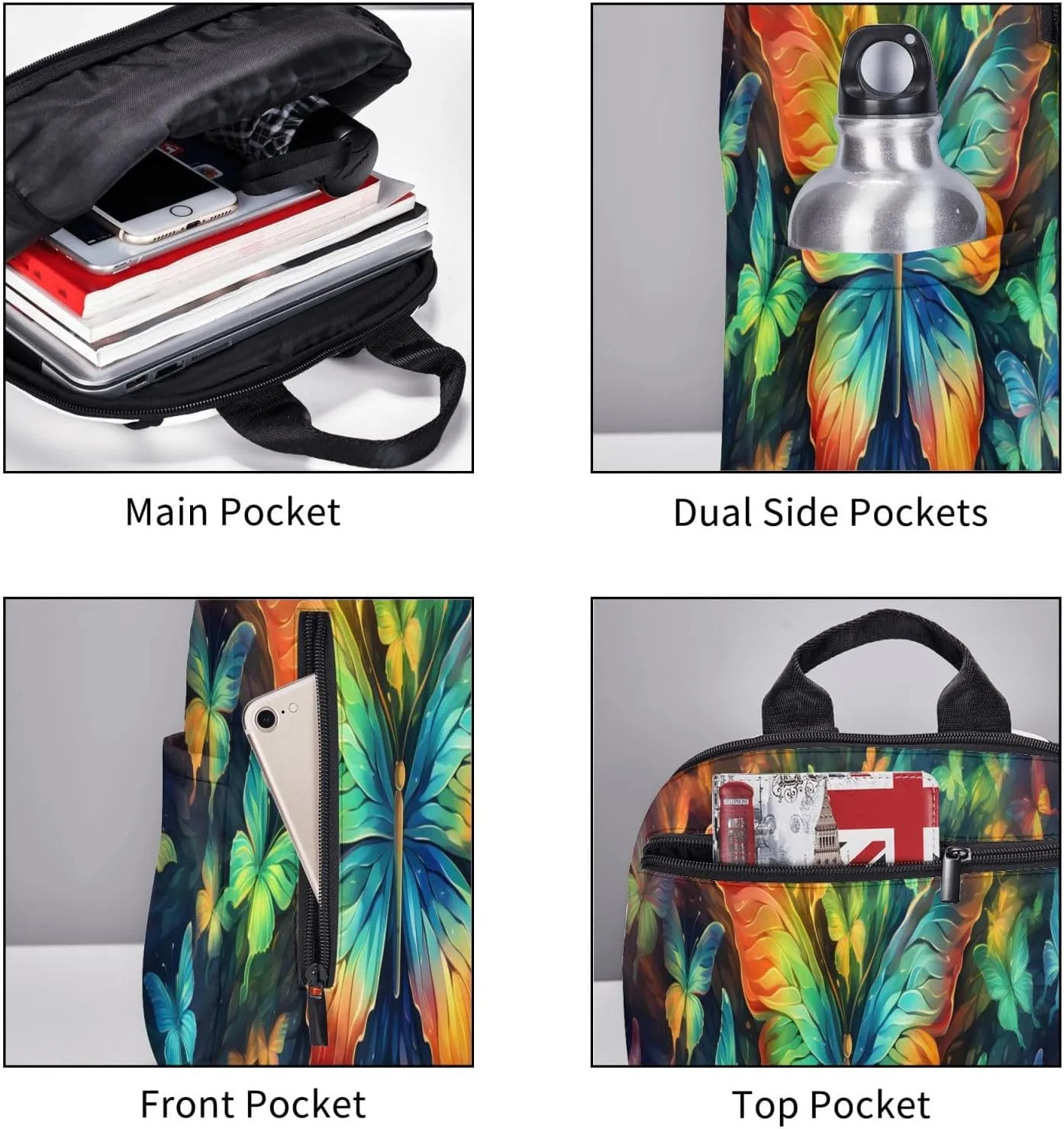 Backpack For Women Men Colorful Butterflies Pattern Bookbag Lightweight Travel Casual Daypack Water Resistant Outdoor Hiking Sport Rucksack