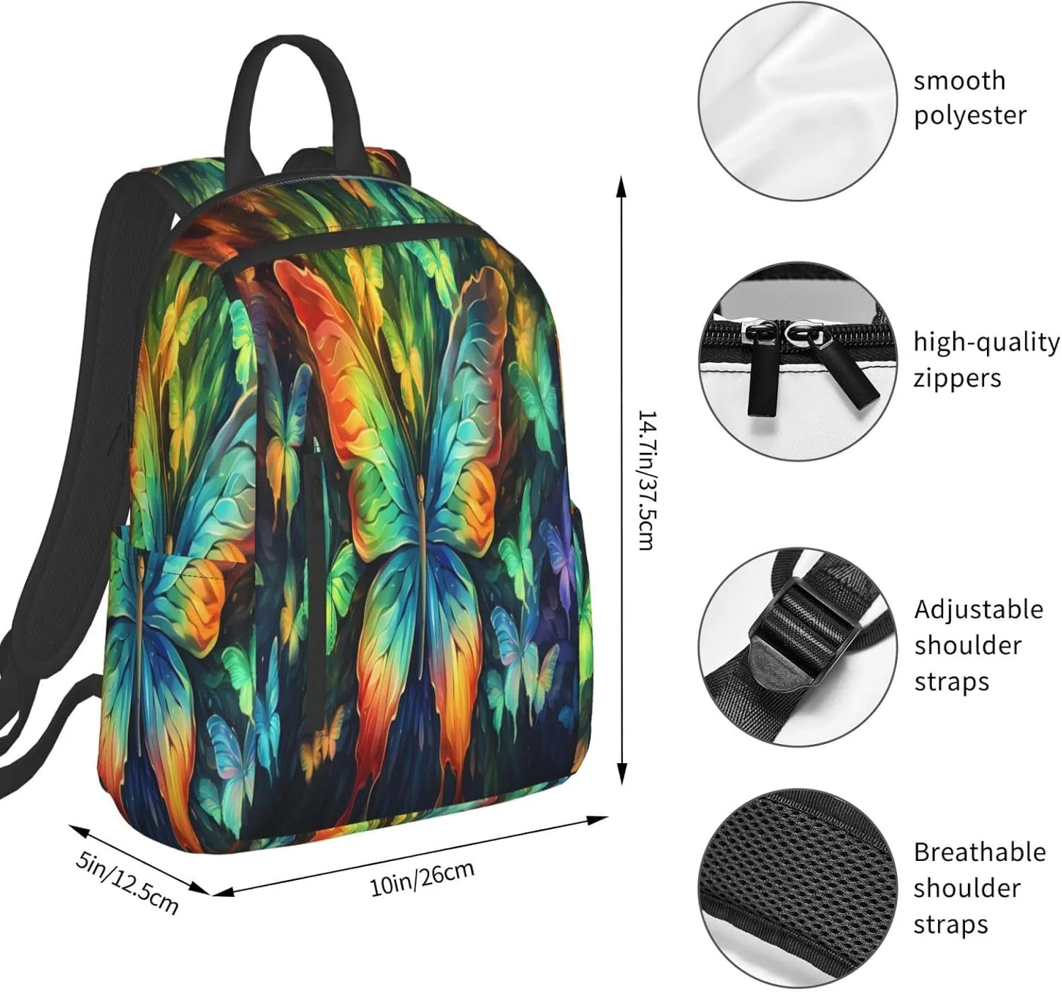 Backpack For Women Men Colorful Butterflies Pattern Bookbag Lightweight Travel Casual Daypack Water Resistant Outdoor Hiking Sport Rucksack