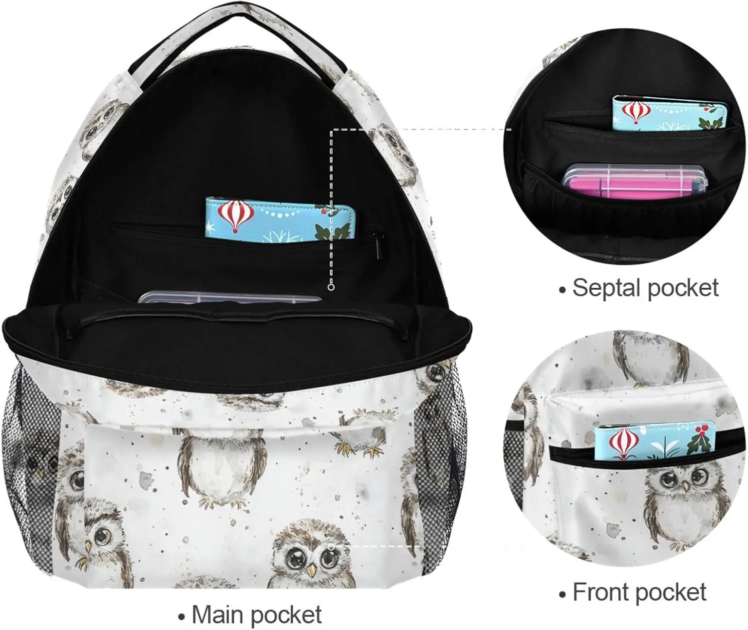 Backpacks for Women Men Waterproof Sports Backpack with Chest Strap for Business Work College Travel Trip Cartoon Cute Owl White