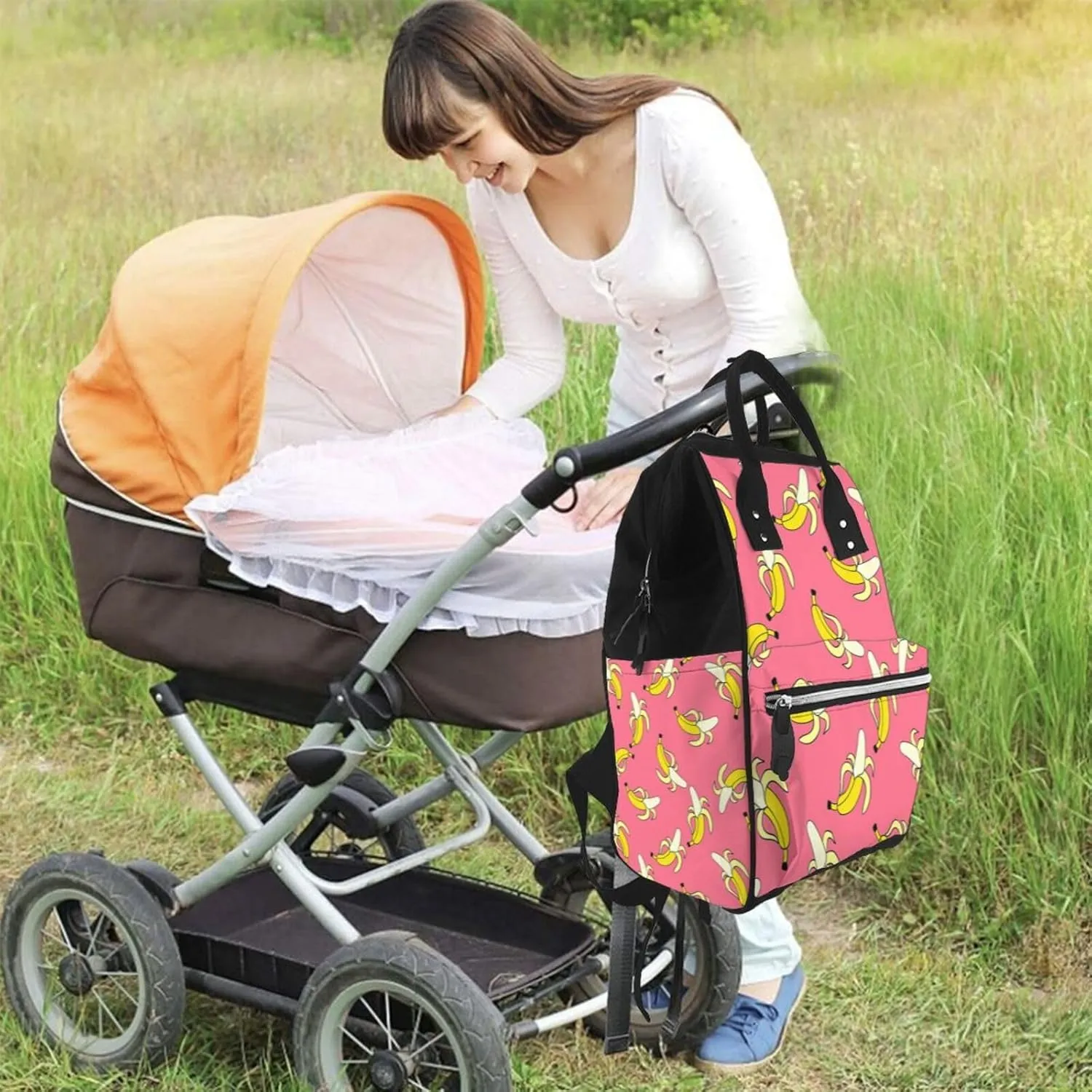 Banana Pattern Diaper Bag Backpack For Baby Girls, Mom Waterproof Large Nappy Bags For Women