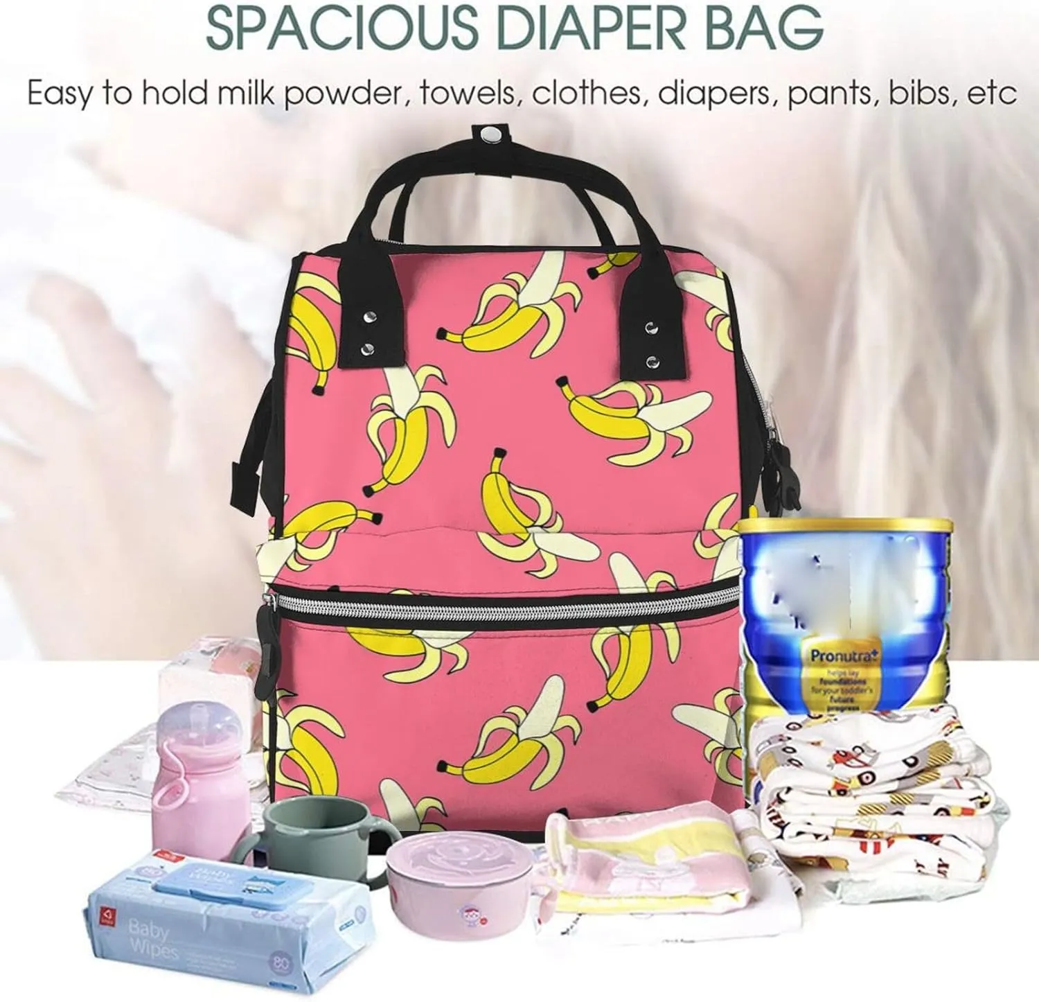 Banana Pattern Diaper Bag Backpack For Baby Girls, Mom Waterproof Large Nappy Bags For Women