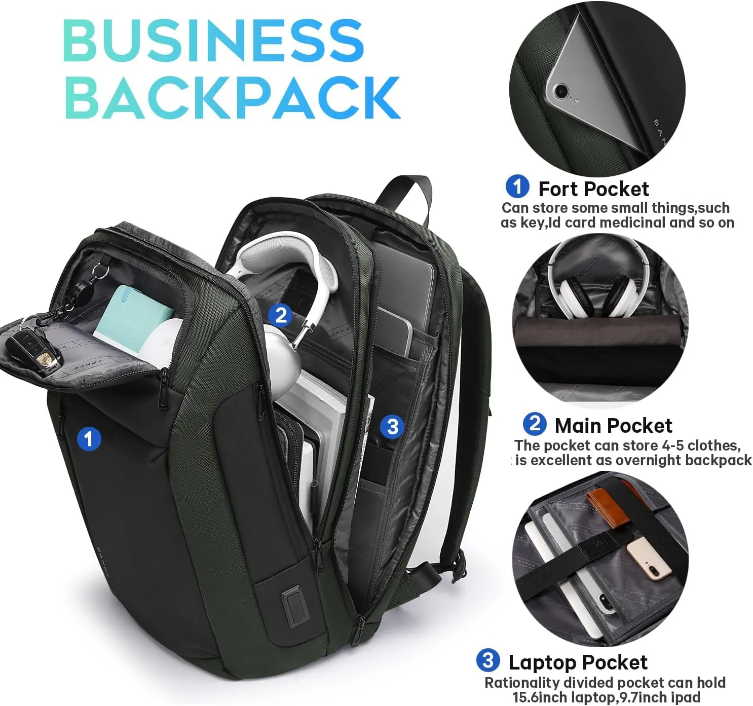 BANGE Travel BackpacksOvernight Laptop Carry-On Backpack for Airplanes Waterproof 15.6 inch Laptop Backpack for Men and Women (Green)