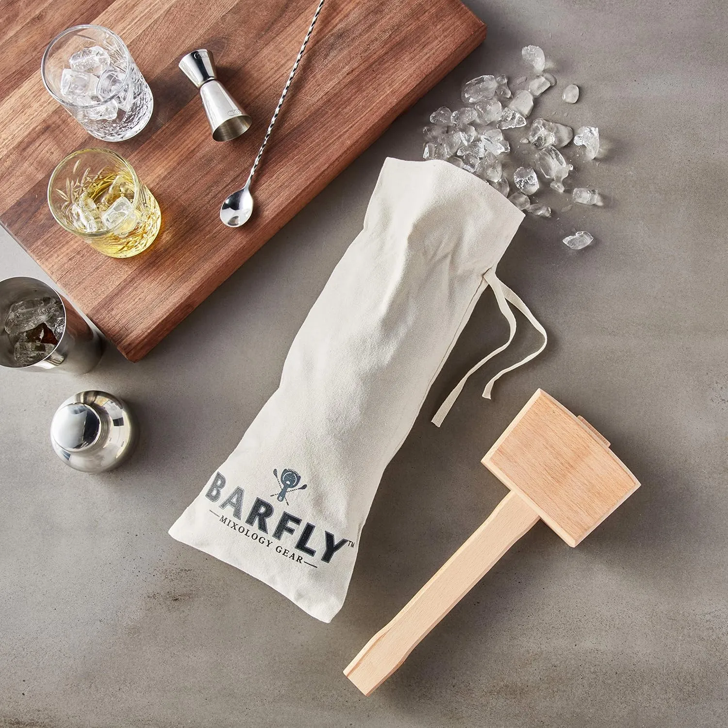 Barfly Wood Ice Mallet and Lewis Ice Bag