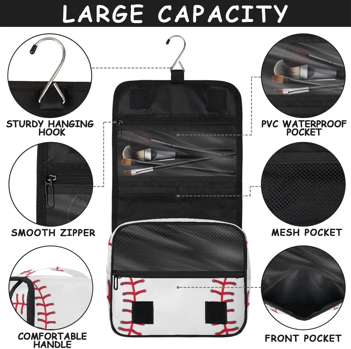 Baseball Pattern Hanging Travel Toiletry Bag for Kids, Women Cosmetic Organizer Makeup Bag Pouch Men Shaving Dopp Kit Shower Bag With Sturdy Hook