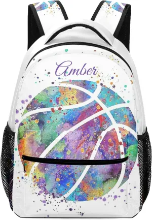 Basketball Watercolor Art Backpack Personalized Name Waterproof for Boys Girls Gift