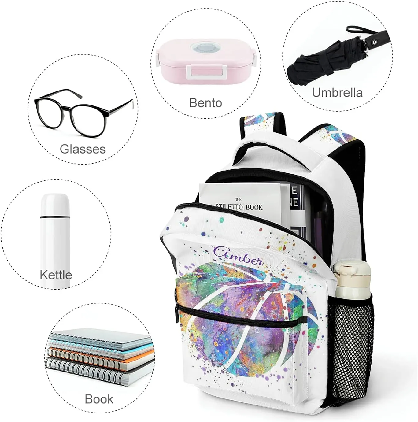 Basketball Watercolor Art Backpack Personalized Name Waterproof for Boys Girls Gift